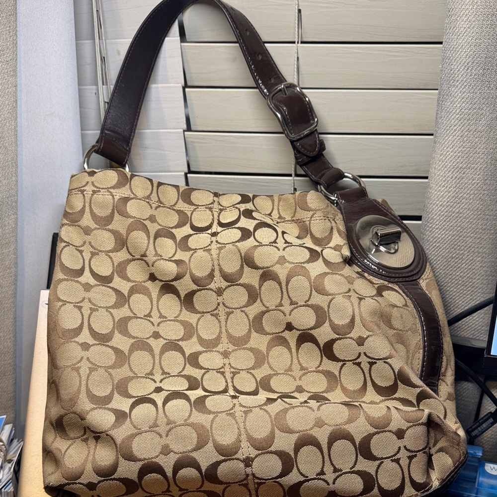 Coach Tan and Brown Signature Shoulder Bag